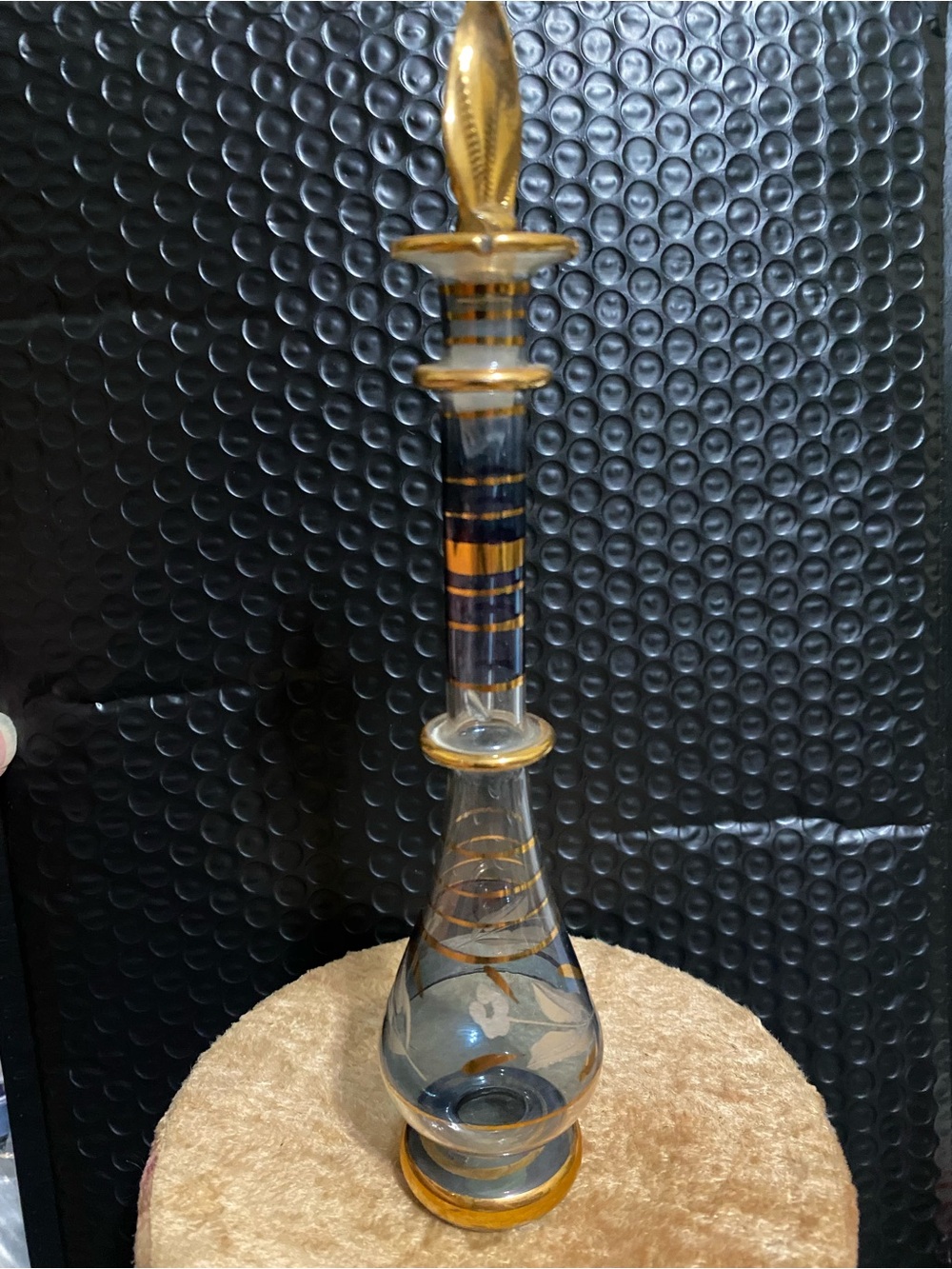 VINTAGE Leaf Hand Blown Blue Egyptian Glass Perfume Bottle W/Gold Trim 7"H